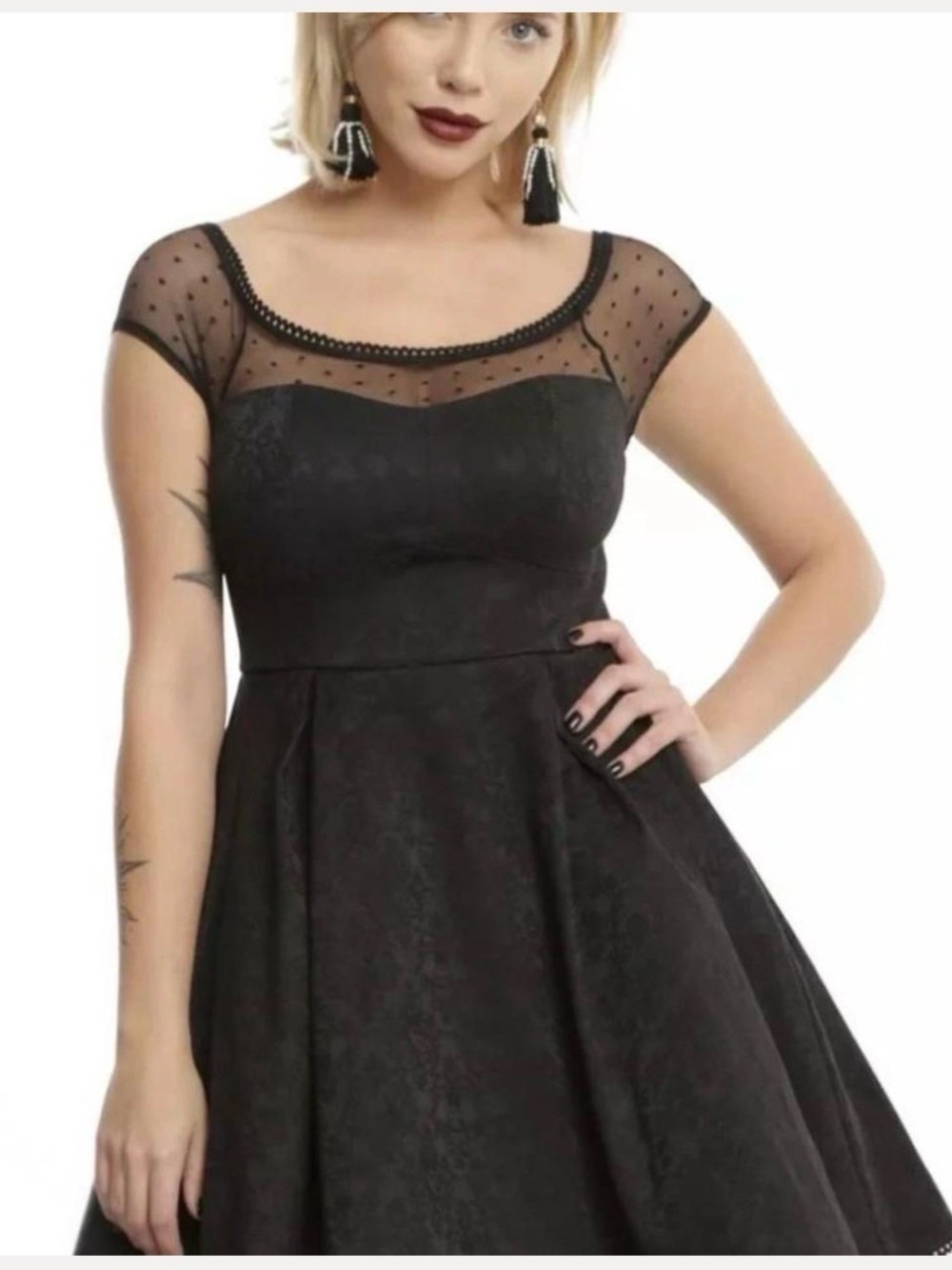 Disney Villians Black Fit-and-Flare Midi Dress with Sheer Polka Dot Yoke